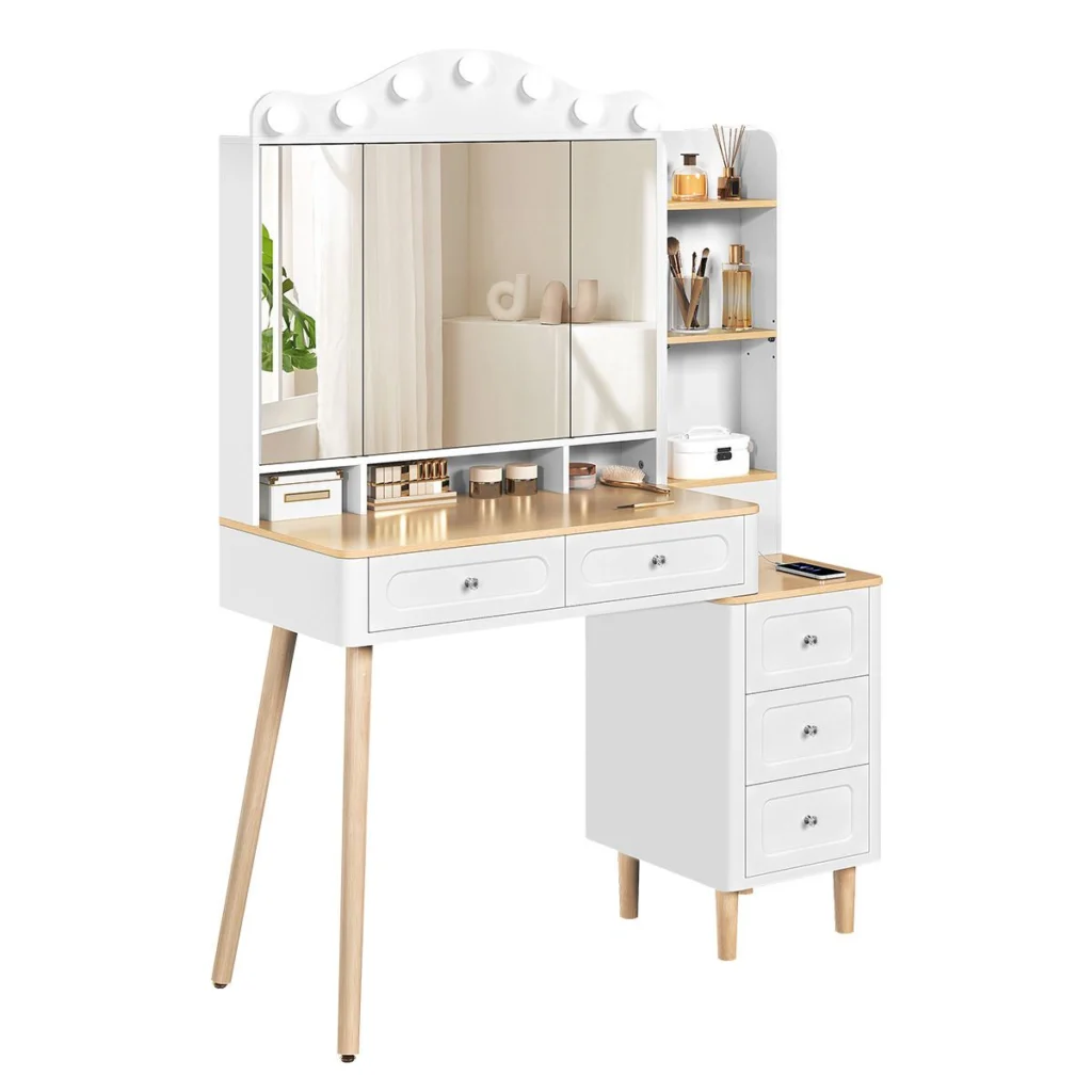 Tocador con espejo triple, bombillas LED, 5 cajones y mueble lateral