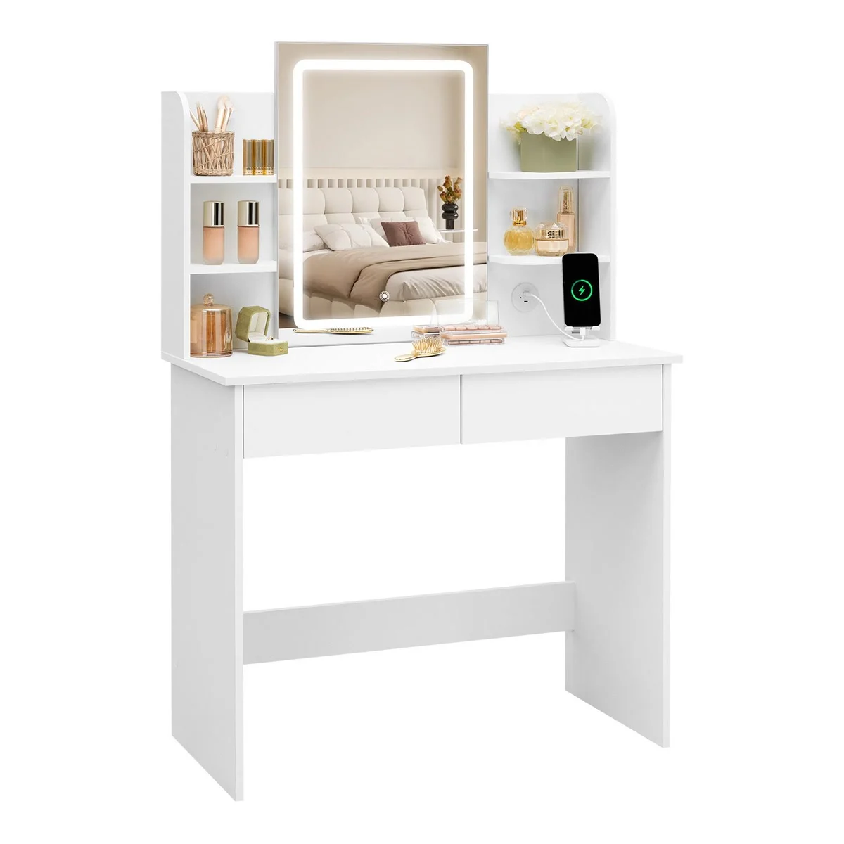 Tocador con espejo LED de 45 × 60 cm, 6 huecos y 2 cajones
