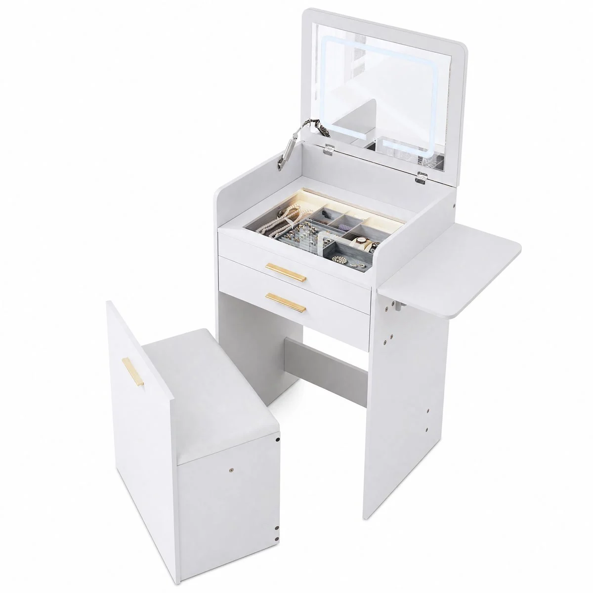 Tocador compacto con espejo LED abatible, estante lateral desplegado y taburete