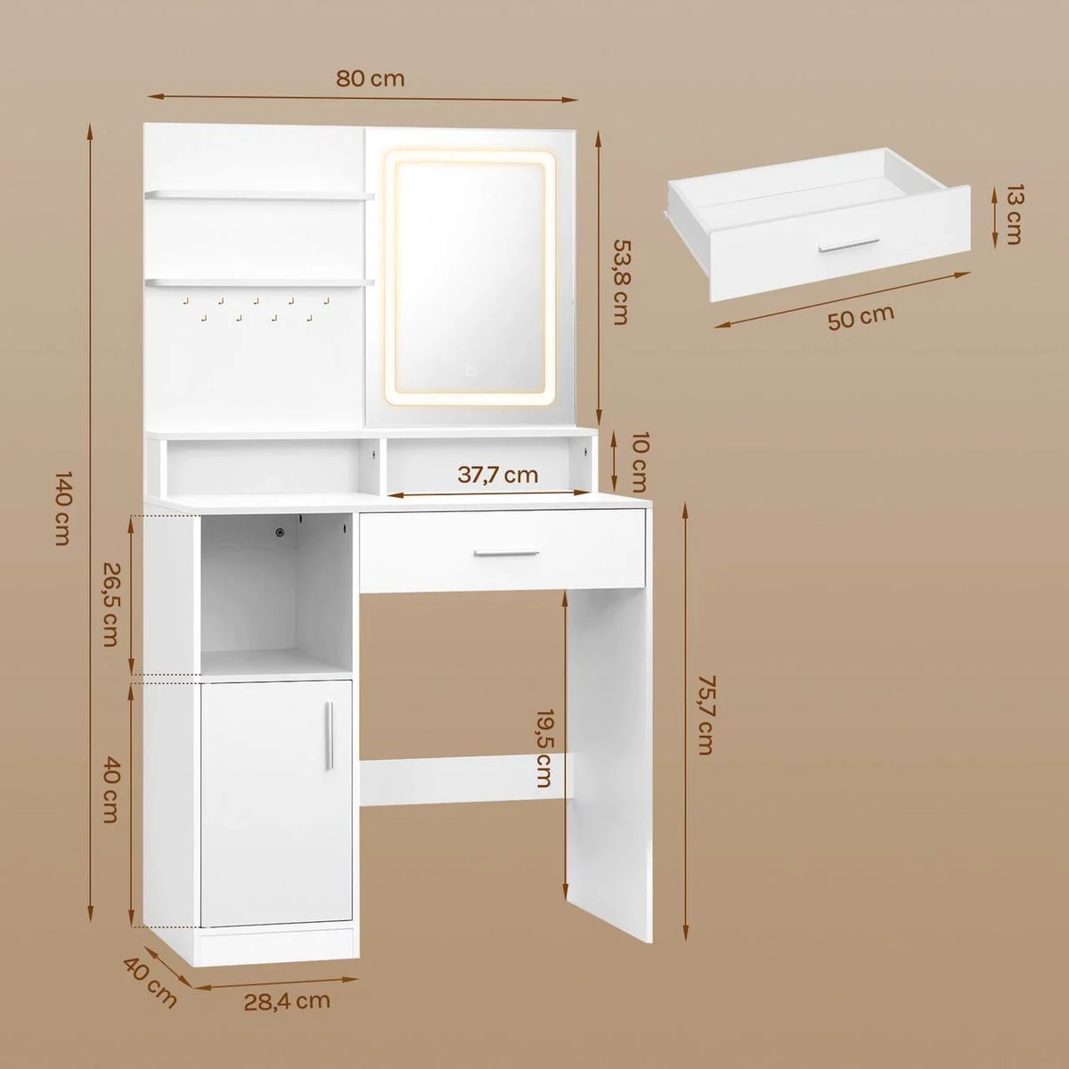 Medidas del tocador: 80 × 40 × 140 cm, encimera a 75,7 cm, cajón de 50 cm