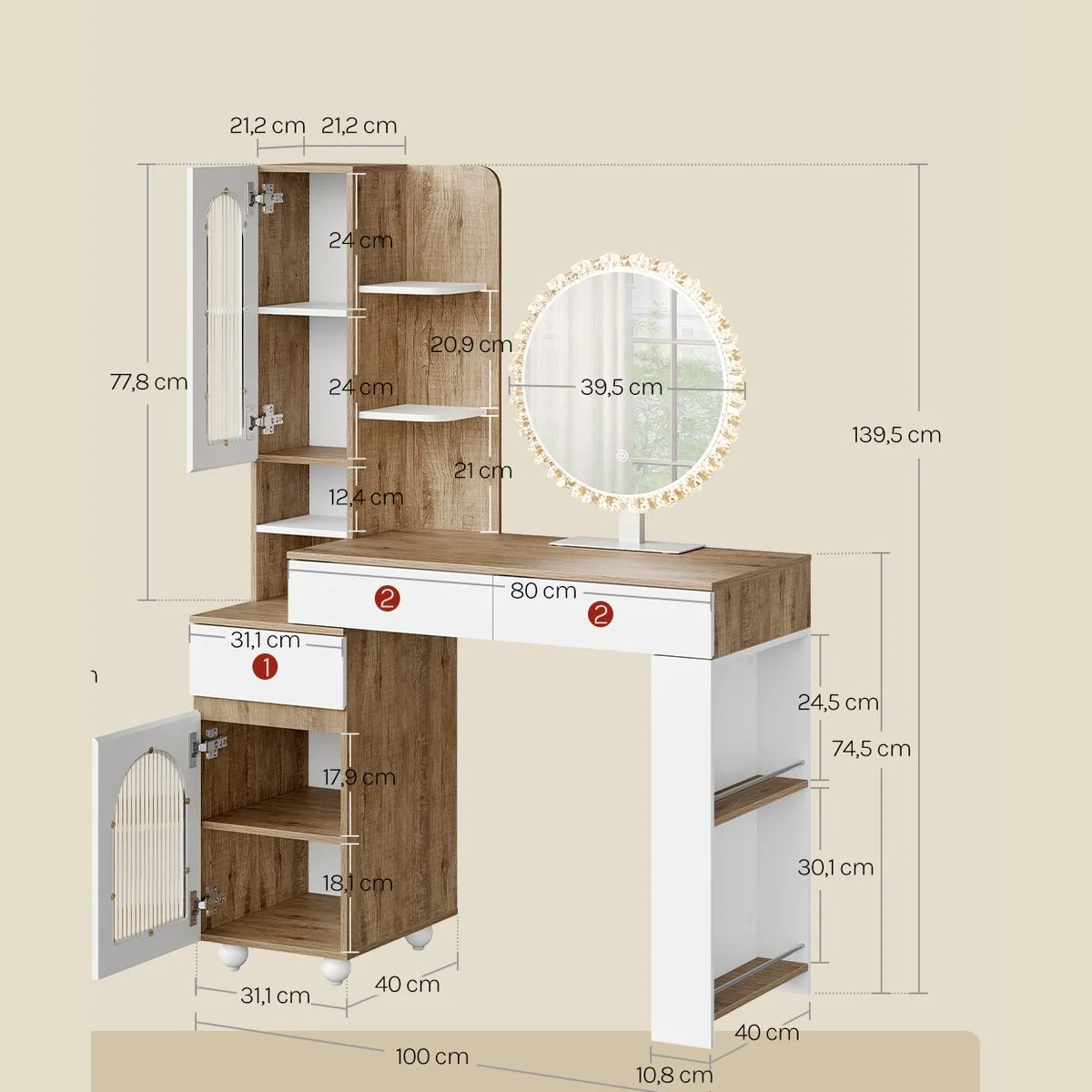Medidas del tocador: 100 × 40 cm, 139,5 cm de alto, encimera a 74,5 cm, espejo de 39,5 cm