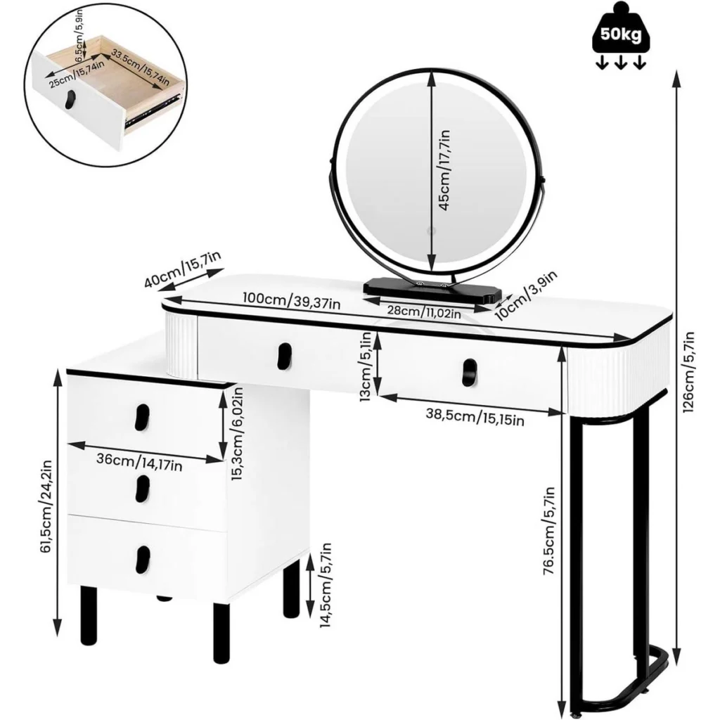 Medidas del tocador: encimera de 100 × 40 cm, 126 cm de alto, espejo de 45 cm, cómoda de 36 cm