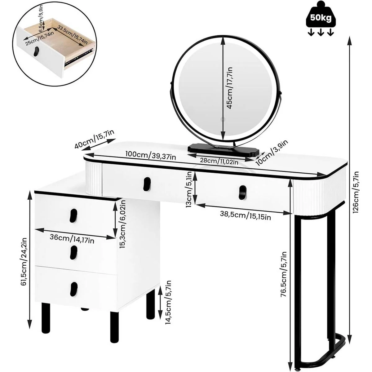 Medidas del tocador: encimera de 100 × 40 cm, 126 cm de alto, espejo de 45 cm, cómoda de 36 cm