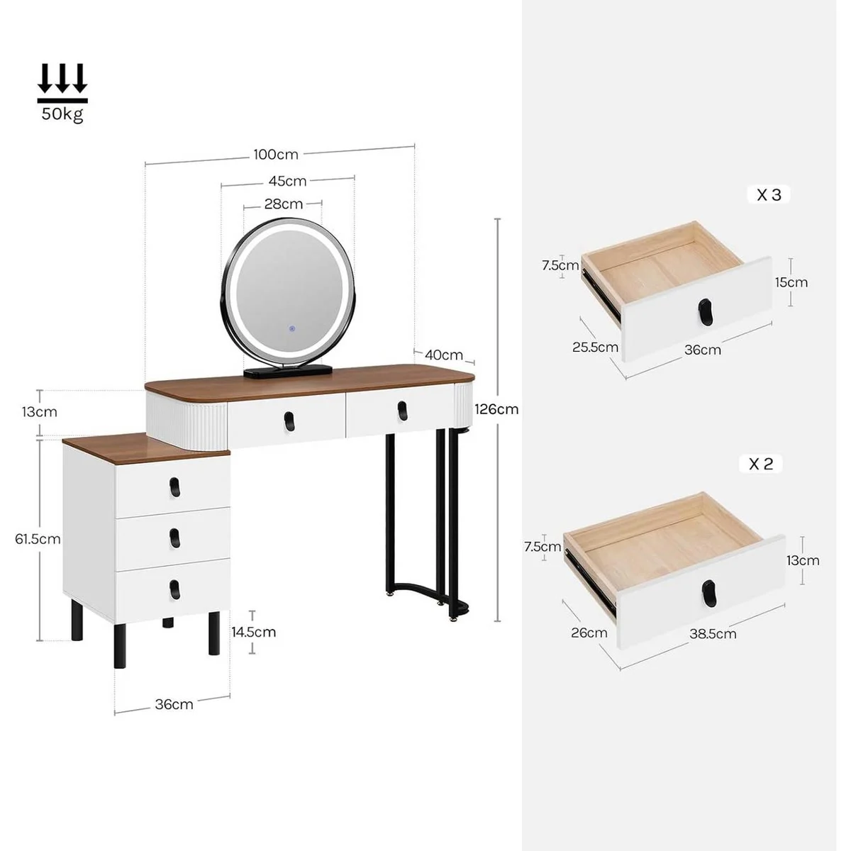 Medidas del tocador: encimera de 100 × 40 cm, 126 cm de alto, espejo de 45 cm, cómoda de 36 cm, 5 cajones