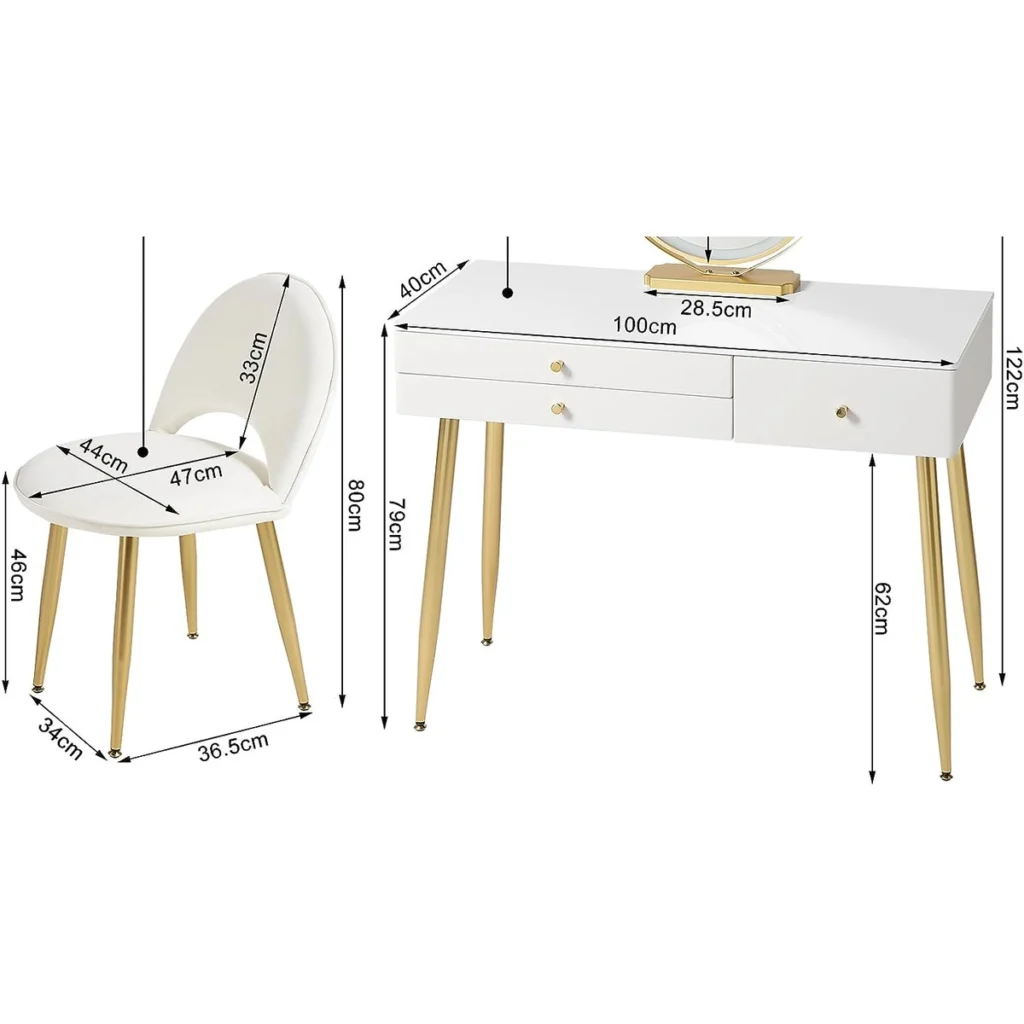 Medidas del tocador: 100 × 40 cm, encimera a 79 cm; silla de 80 cm de alto, asiento a 46 cm