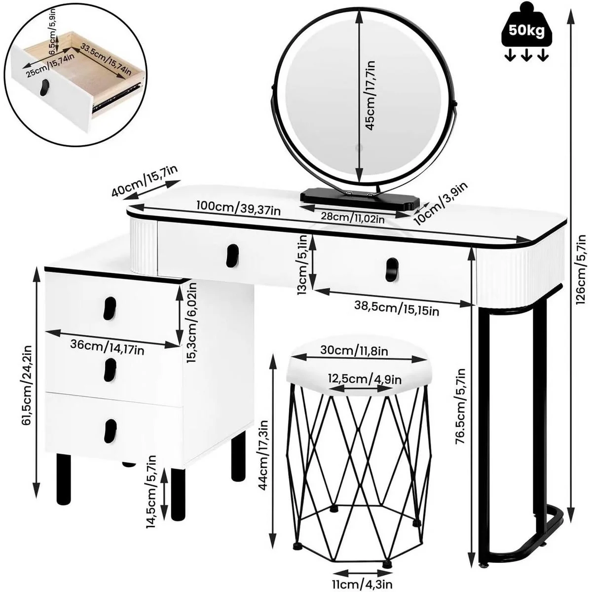 Medidas del tocador: encimera de 100 × 40 cm, 126 cm de alto, espejo de 45 cm, taburete de 44 cm