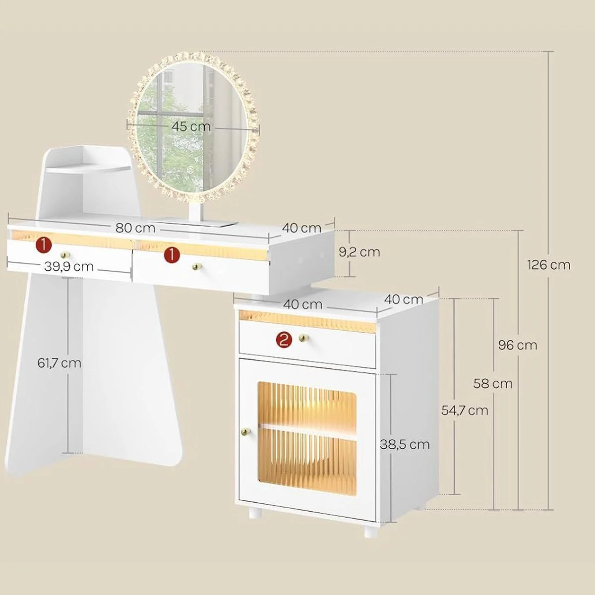 Medidas del tocador: encimera de 80 × 40 cm, 126 cm de alto, armario de 40 × 40 × 58 cm, espejo de 45 cm