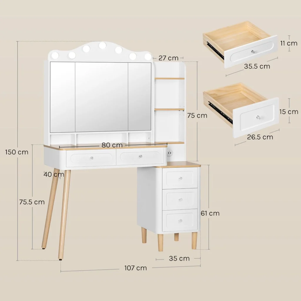 Medidas del tocador: 107 × 40 cm, 150 cm de alto, encimera de 80 cm a 75,5 cm del suelo
