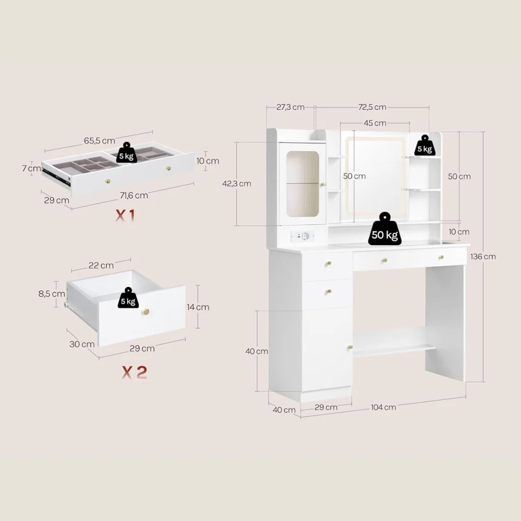 Medidas del tocador: 104 × 40 cm, 136 cm de alto, espejo de 45 × 50 cm, cajones de 71,6 y 29 cm