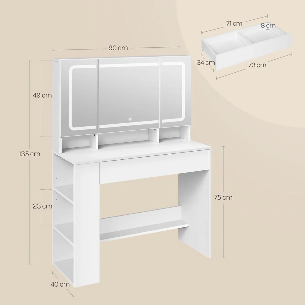 Medidas del tocador: 90 × 40 cm, 135 cm de alto, encimera a 75 cm, espejo de 90 × 49 cm