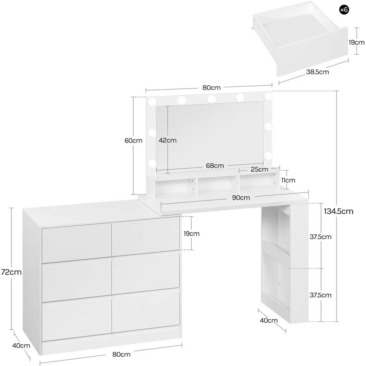 Medidas del tocador: encimera de 90 cm, 134,5 cm de alto, cómoda de 80 × 40 × 72 cm, espejo de 68 × 42 cm
