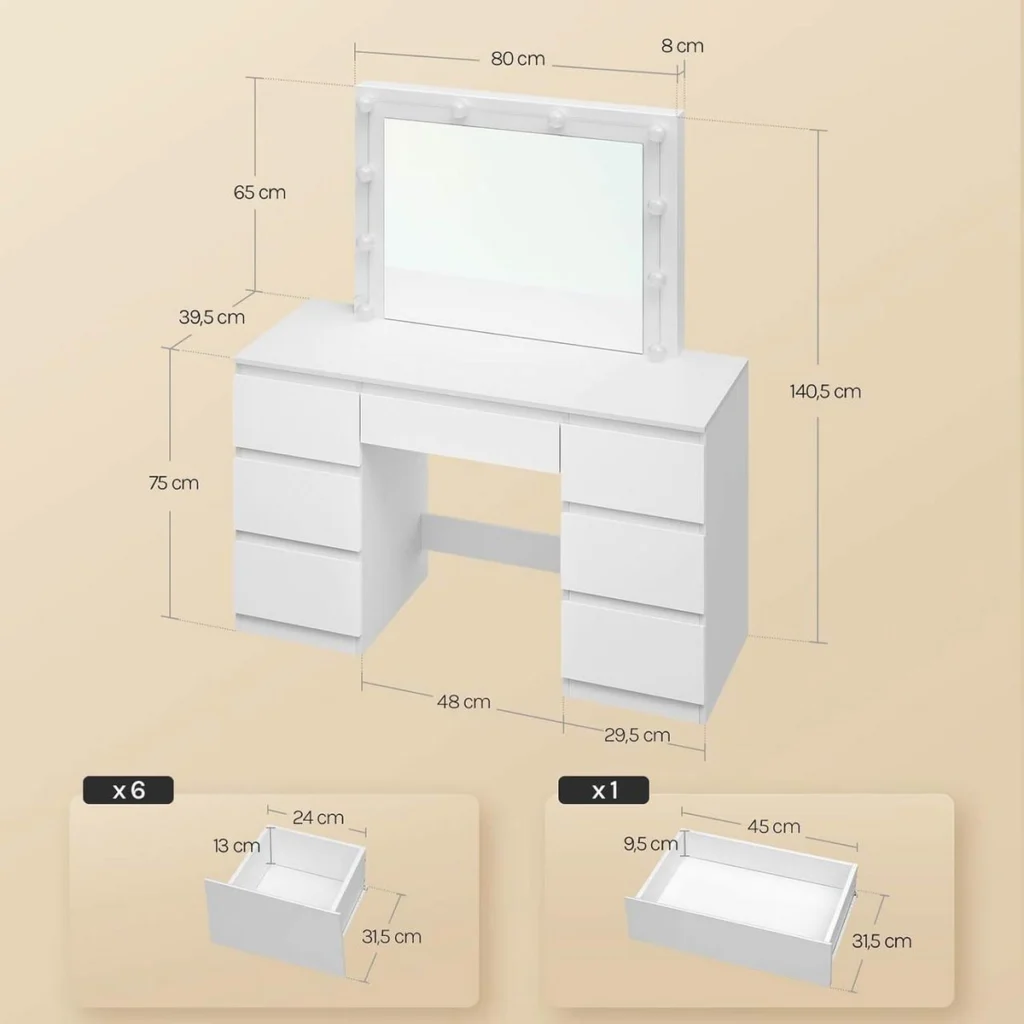 Medidas del tocador: 107 × 39,5 × 140,5 cm, encimera a 75 cm, 6 cajones de 24 cm y 1 de 45 cm