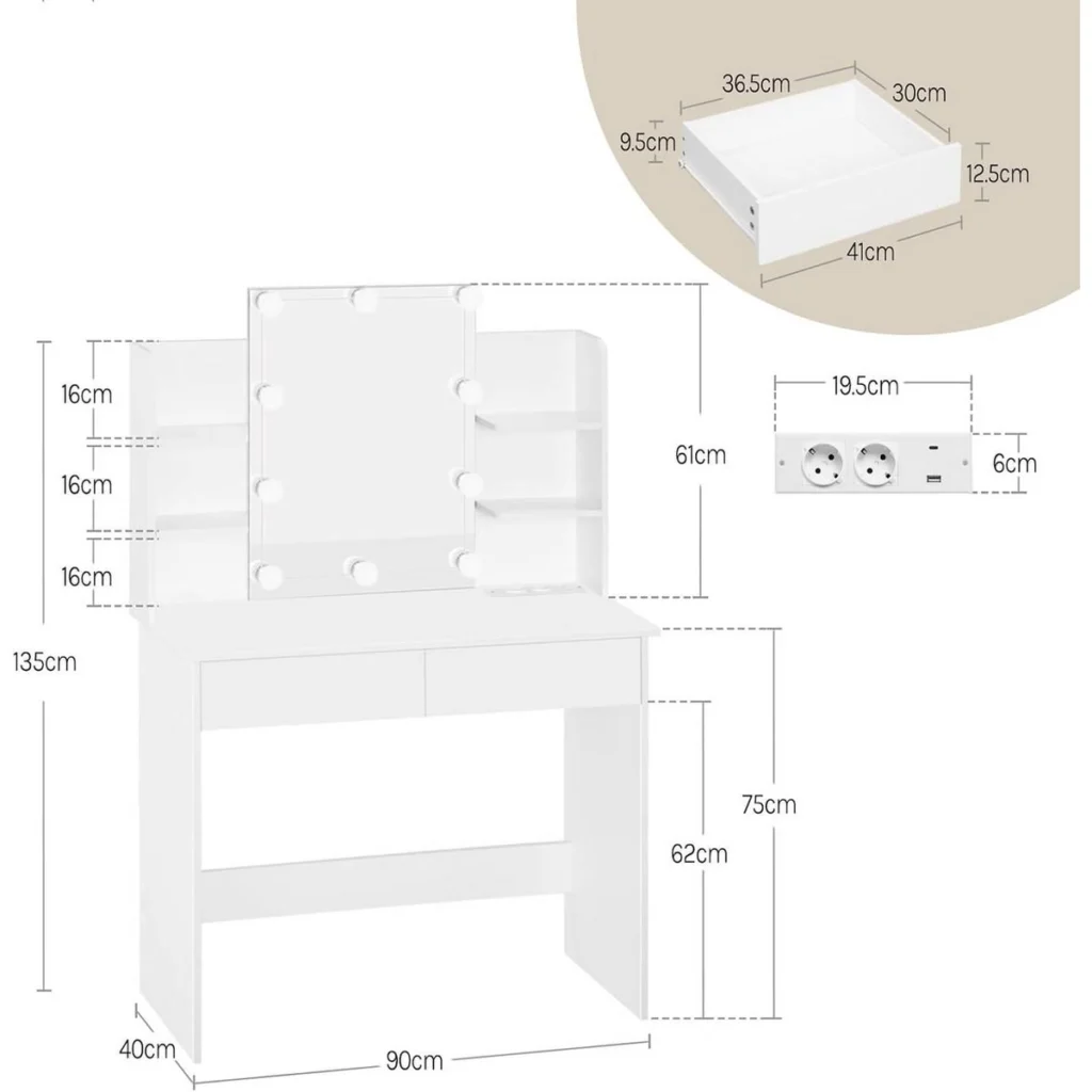 Medidas del tocador: 90 × 40 cm, 135 cm de alto, encimera a 75 cm, cajones de 41 cm, regleta de 19,5 cm
