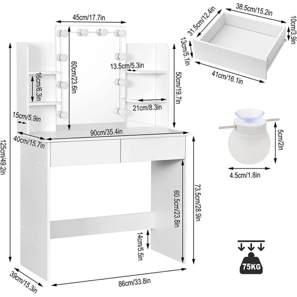 Medidas del tocador: 90 × 40 cm, espejo de 45 × 60 cm, cajones de 41 × 31,5 cm