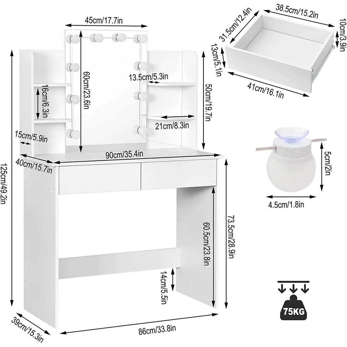 Medidas del tocador: 90 × 40 cm, espejo de 45 × 60 cm, cajones de 41 × 31,5 cm