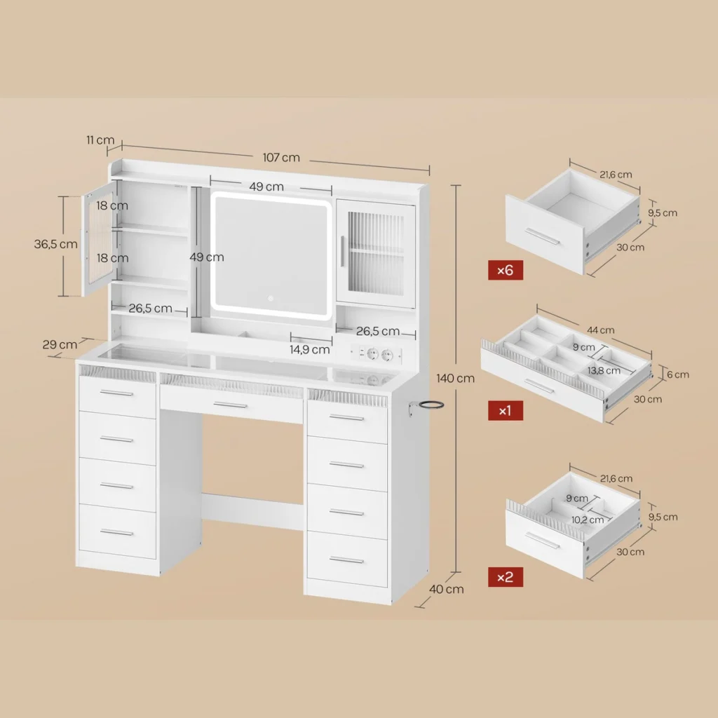 Medidas del tocador: 107 × 40 cm, 140 cm de alto, espejo de 49 × 49 cm, cajones de 30 cm de fondo
