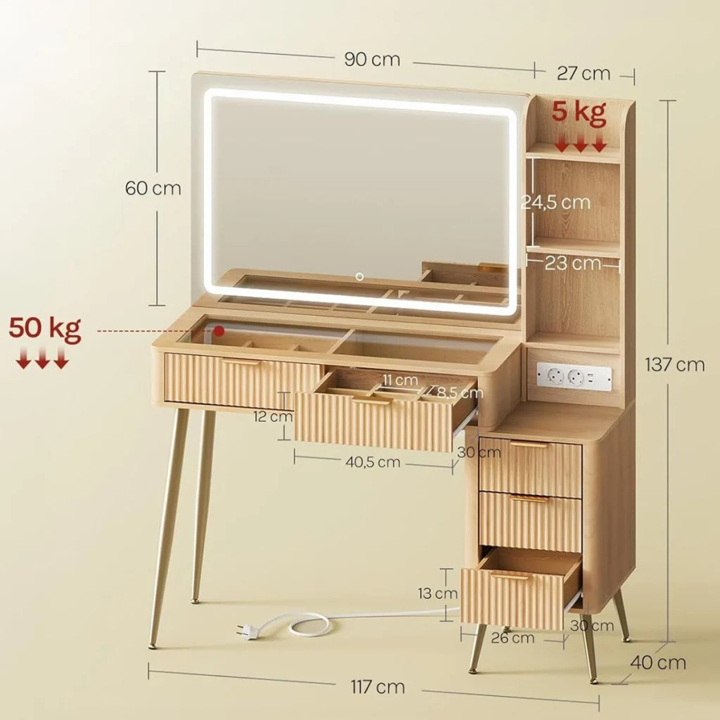 Medidas del tocador: 117 × 40 × 137 cm, espejo de 90 × 60 cm, cajones de 40,5 y 26 cm