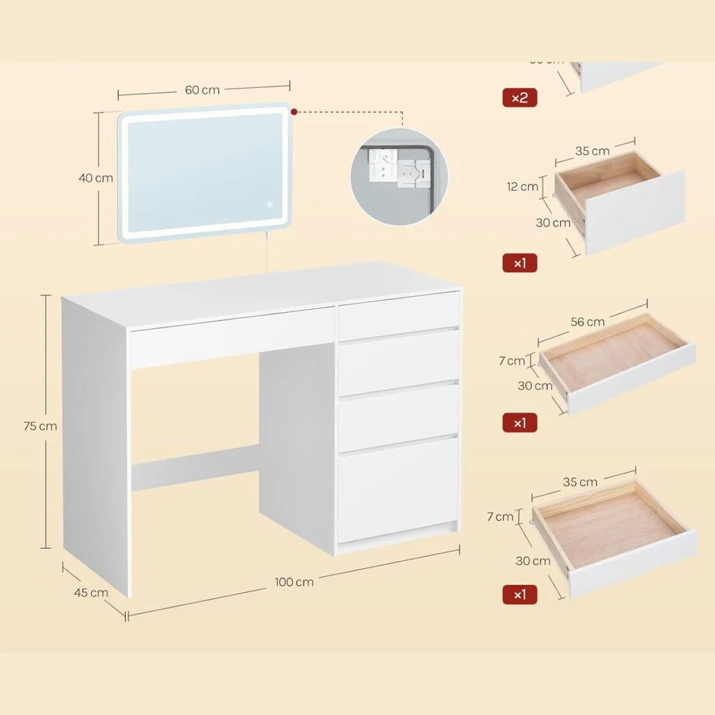 Medidas del tocador escritorio: 100 × 45 × 75 cm, espejo de 60 × 40 cm, cajones de 35 y 56 cm