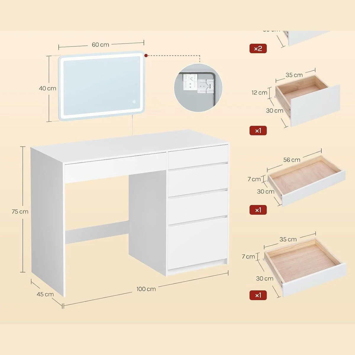 Medidas del tocador escritorio: 100 × 45 × 75 cm, espejo de 60 × 40 cm, cajones de 35 y 56 cm