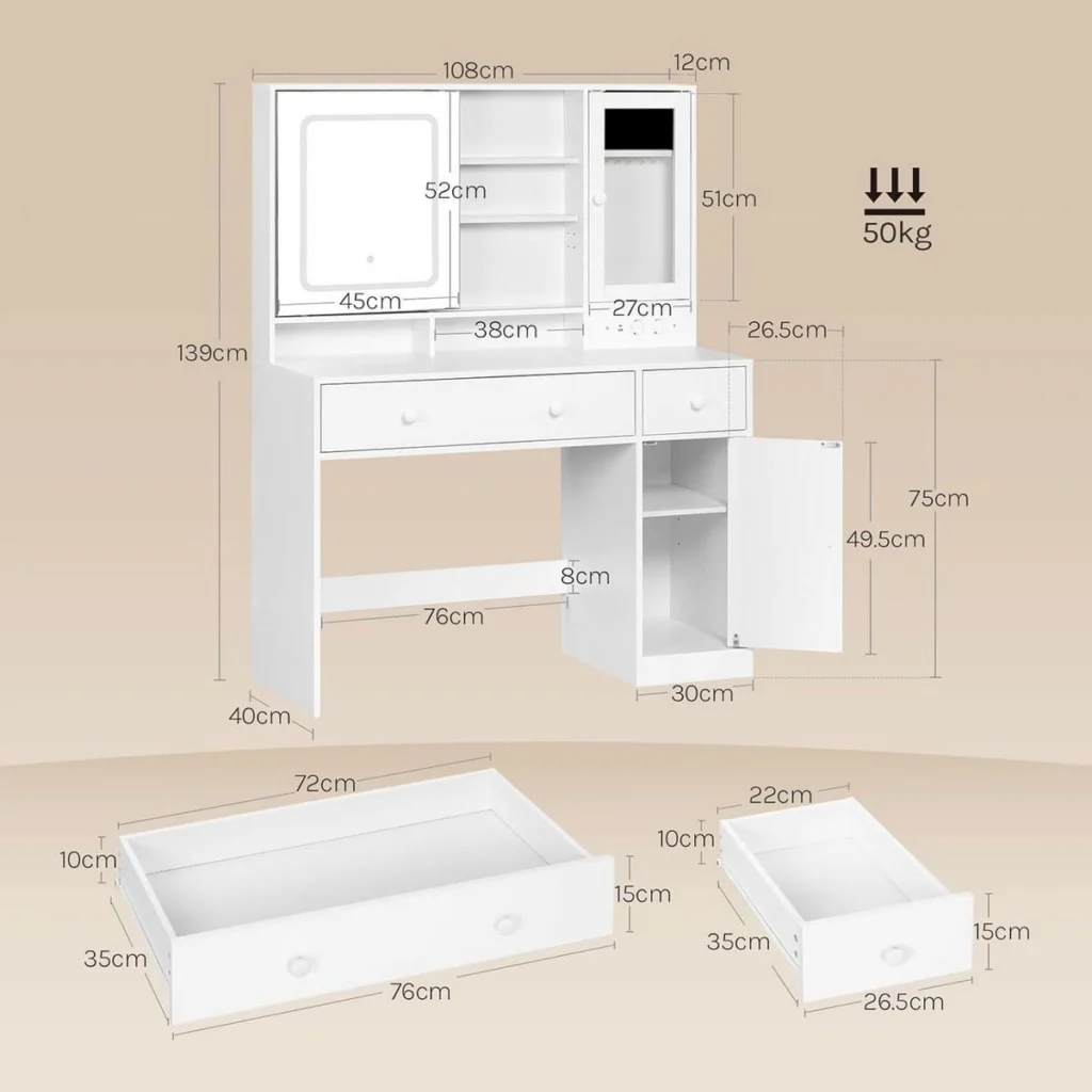 Medidas del tocador: 108 × 40 cm, 139 cm de alto, encimera a 75 cm, espejo de 45 × 52 cm, cajones de 72 y 22 cm