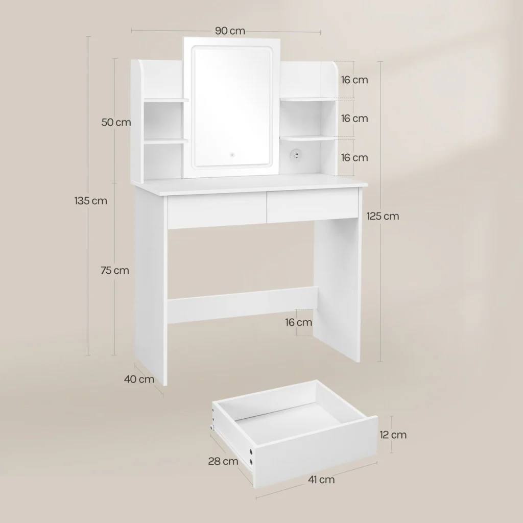 Medidas del tocador: 90 × 40 cm, 135 cm de alto, encimera a 75 cm, cajones de 41 × 28 cm