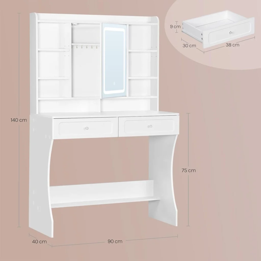 Medidas del tocador: 90 × 40 cm, 140 cm de alto, encimera a 75 cm, cajones de 38 × 30 × 9 cm