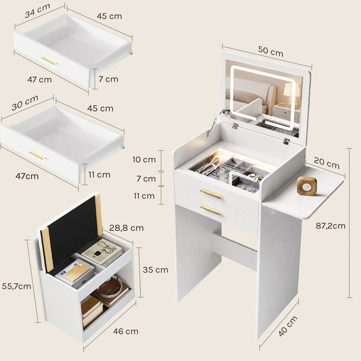 Medidas del tocador con taburete: 50 × 40 cm, 87,2 cm de alto, estante de 20 cm, taburete de 46 × 28,8 × 55,7 cm