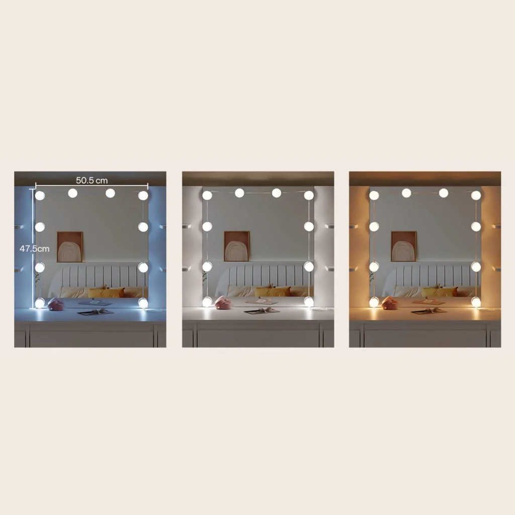 El espejo del tocador con luz fría, blanca y cálida