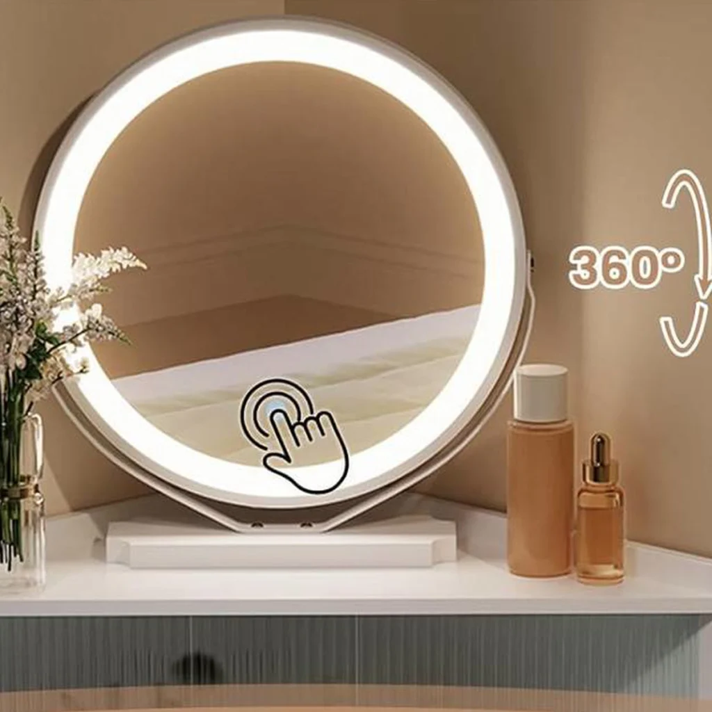El espejo redondo con luz encendido, que se regula con un toque y gira 360°