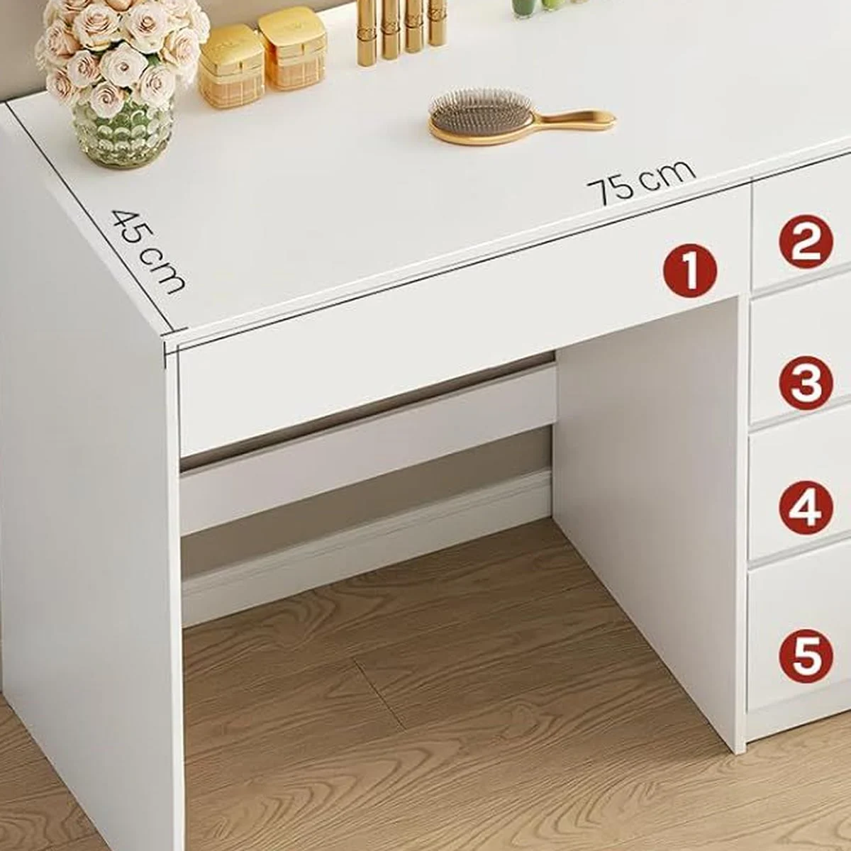 La encimera de 45 cm de fondo y los 5 cajones numerados