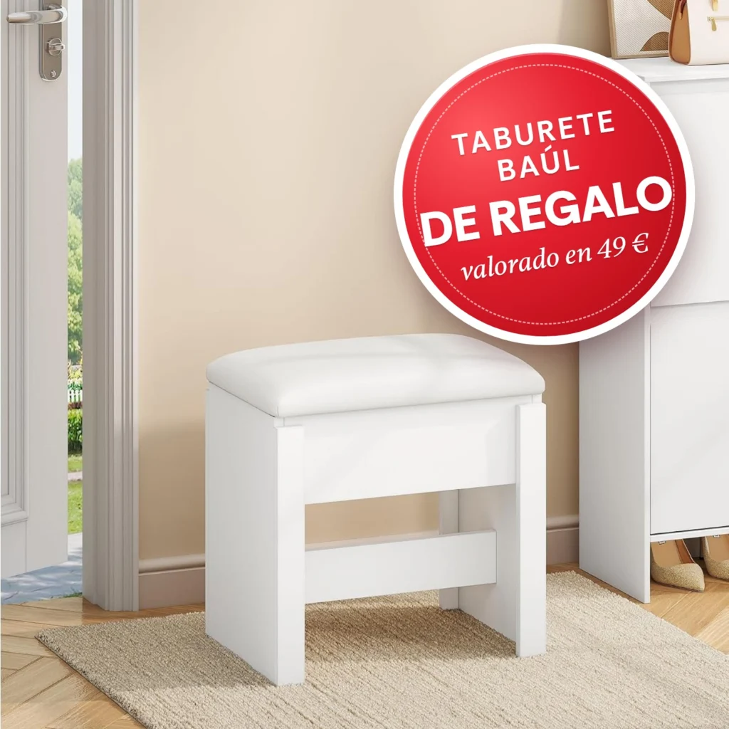 Taburete blanco con almacenaje, de regalo con el tocador: valorado en 49 €
