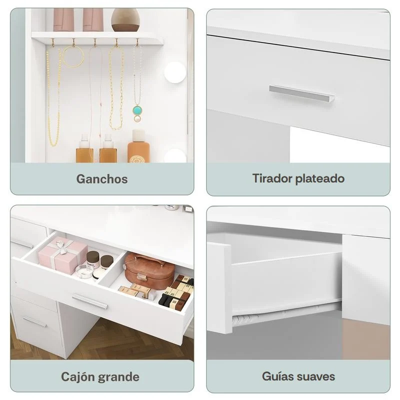 Detalles del tocador: ganchos para joyas, tirador plateado, cajón grande con separador y guías