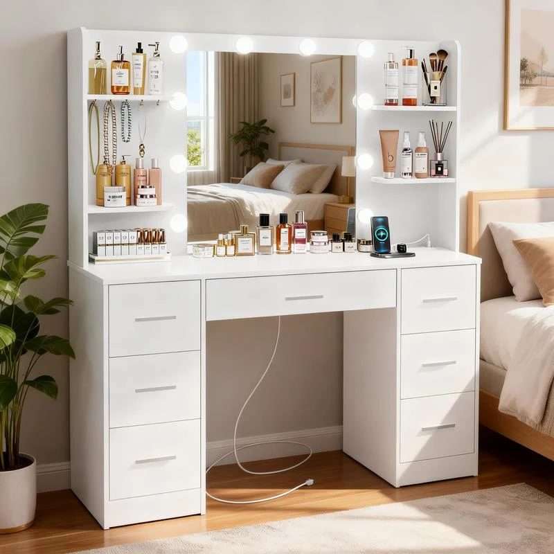 Tocador de maquillaje blanco con espejo de luces y 7 cajones en un dormitorio